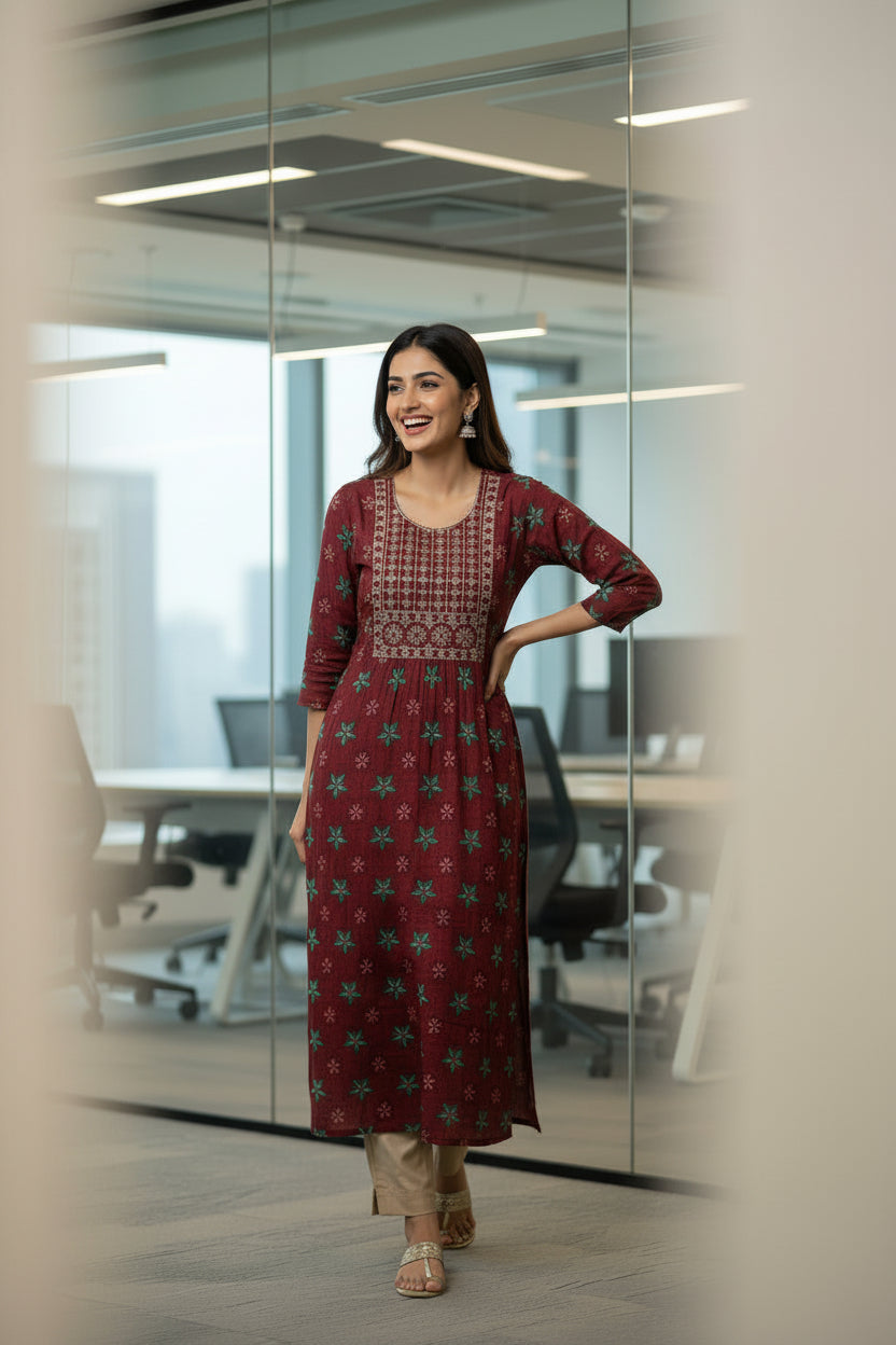 Jaipuri Hand Painted Kurti Maroon