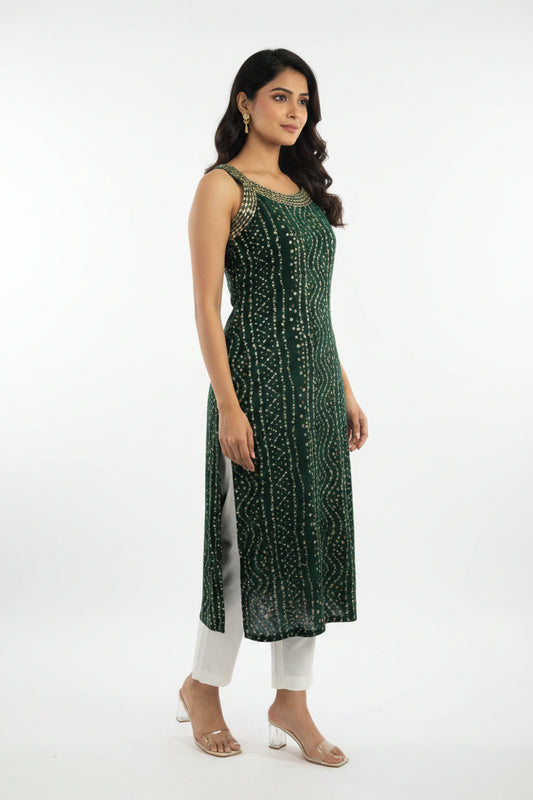 Bandhani Sleeveless Kurti Green