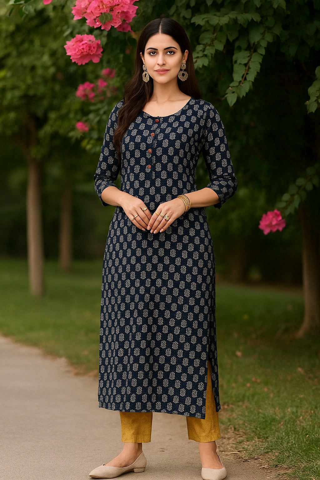 Black Floral Kantha Stitch Cotton Straight Cut Kurti