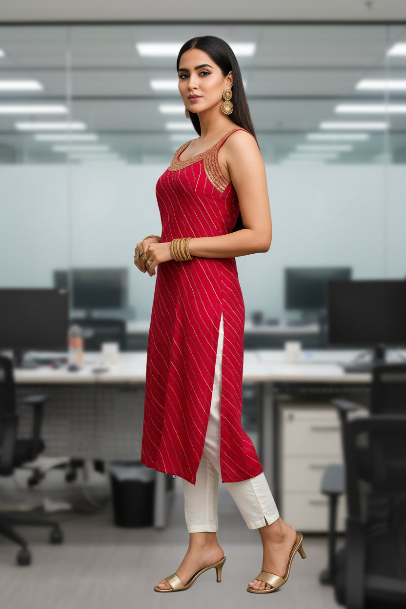 Leheriya Sleeveless Kurti Pink
