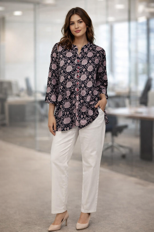 Aarna Floral Brown and White Cotton Short Kurti with Bell Sleeves