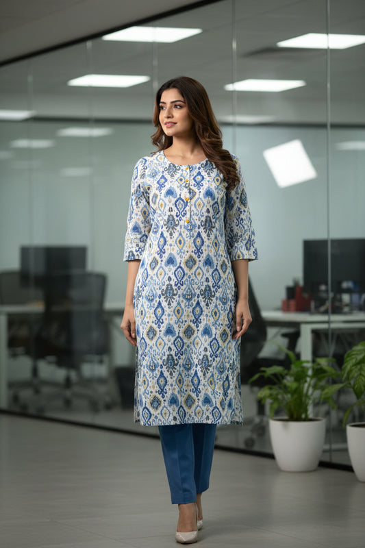 Office Wear White & Blue Kurti