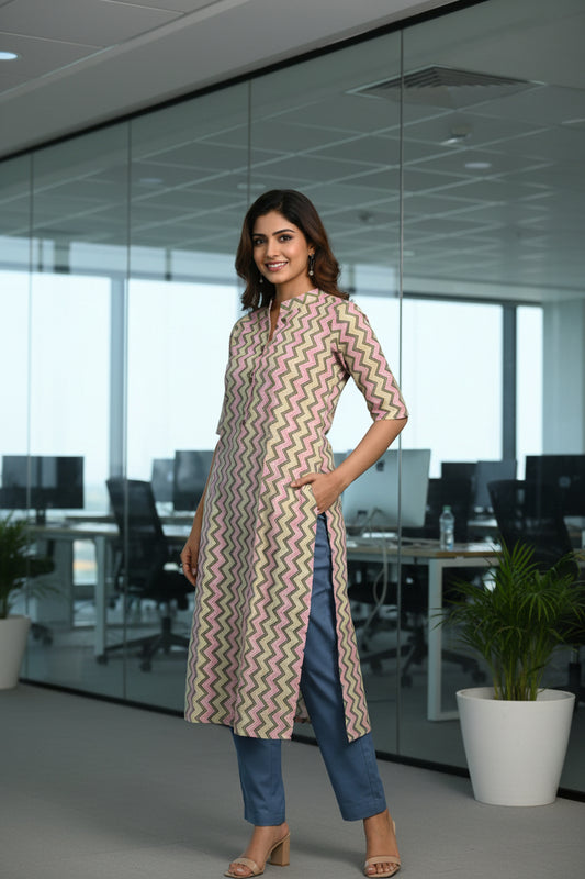 Kantha Stitch Mandarin Collar ZigZag Pattern Cotton Kurti