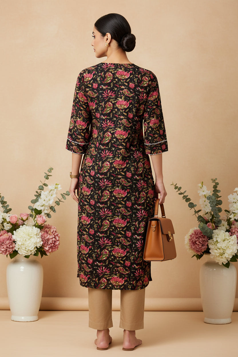 Palak Jaipuri Cotton Brown and Pink Floral Cotton Kurti
