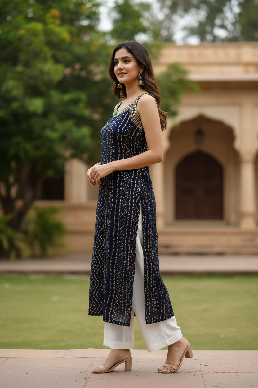 Bandhani Sleeveless Kurti Blue