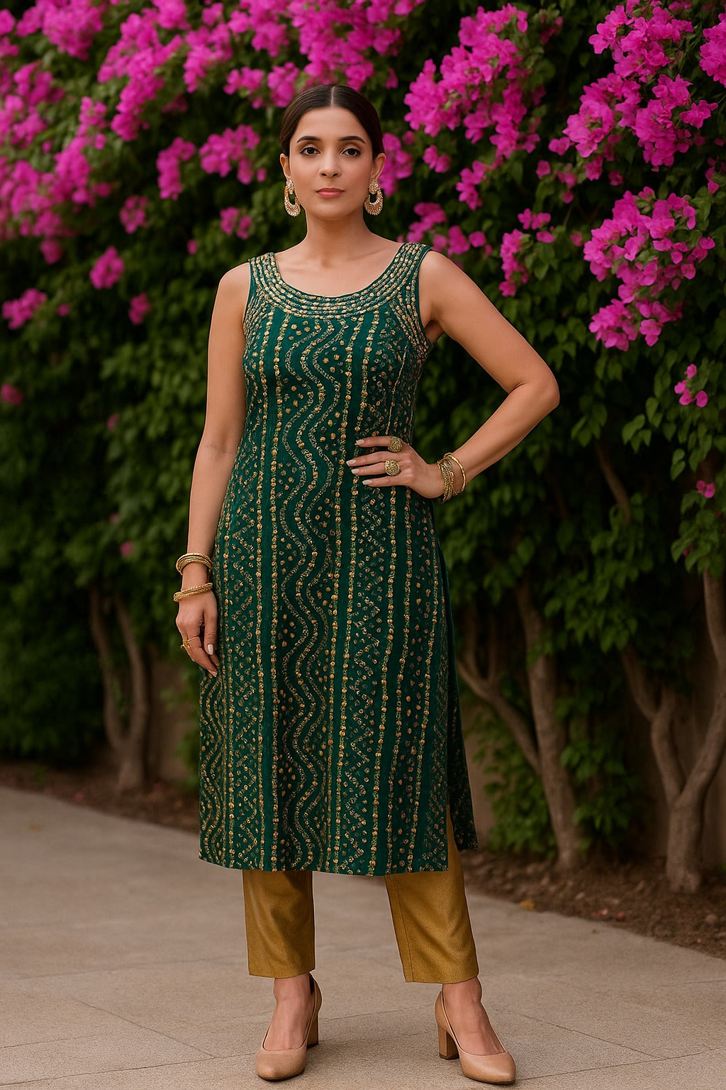 Bandhani Sleeveless Kurti Green