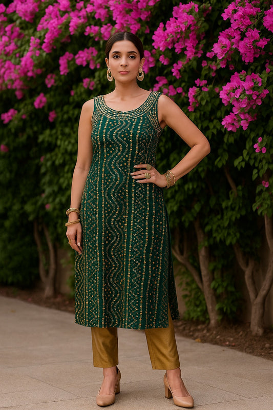 Bandhani Sleeveless Kurti Green