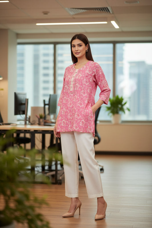 Sreeja Pink Floral Straight Short Kurti perfect for Office wear
