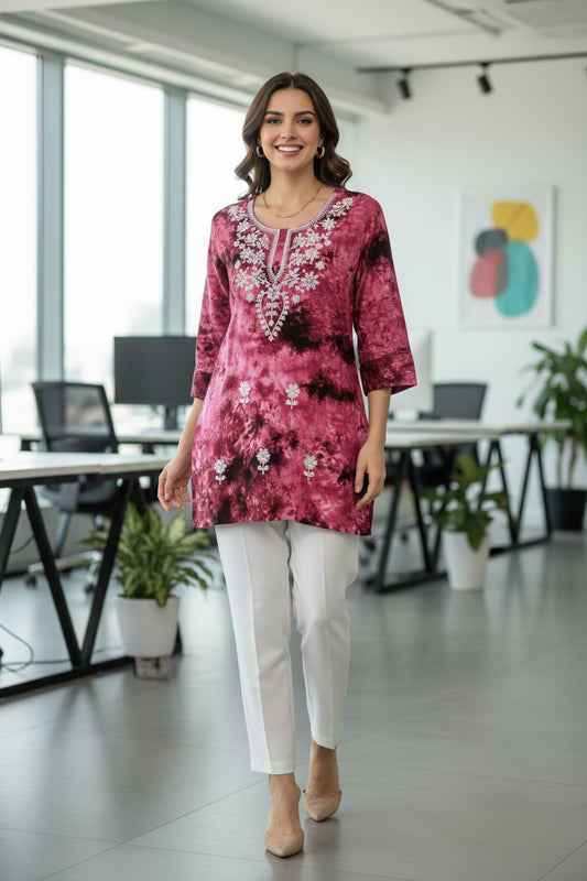 Chikankar Maroon and Brown Cotton Short Top
