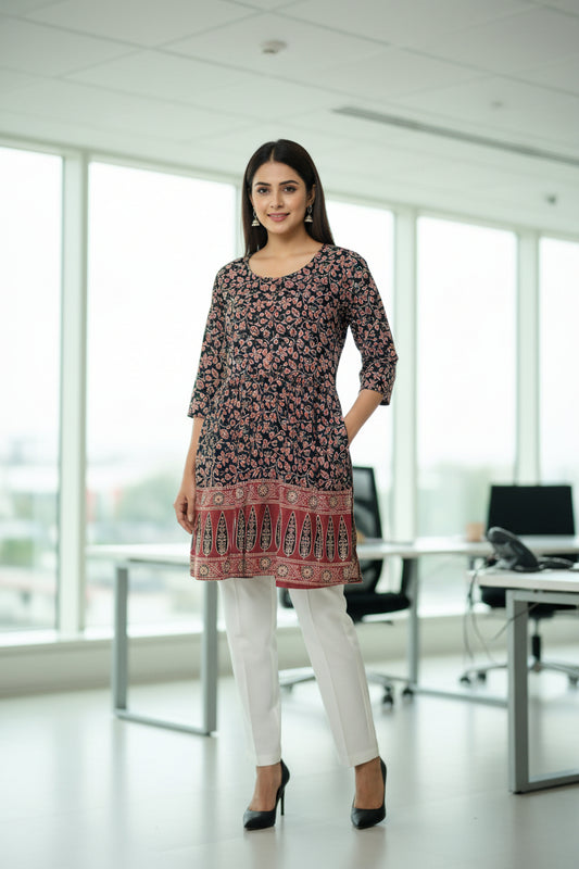 Ajrakh Brown and Maroon Cotton Short Top