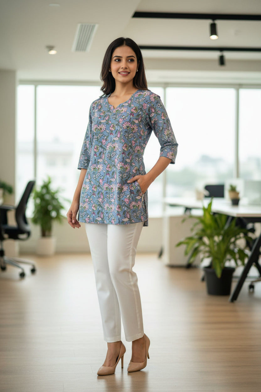 Phool Blue Floral Short Kurti for Formal wear
