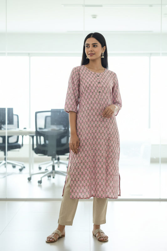Pink Kantha Stitch Floral Straight Cut Kurti
