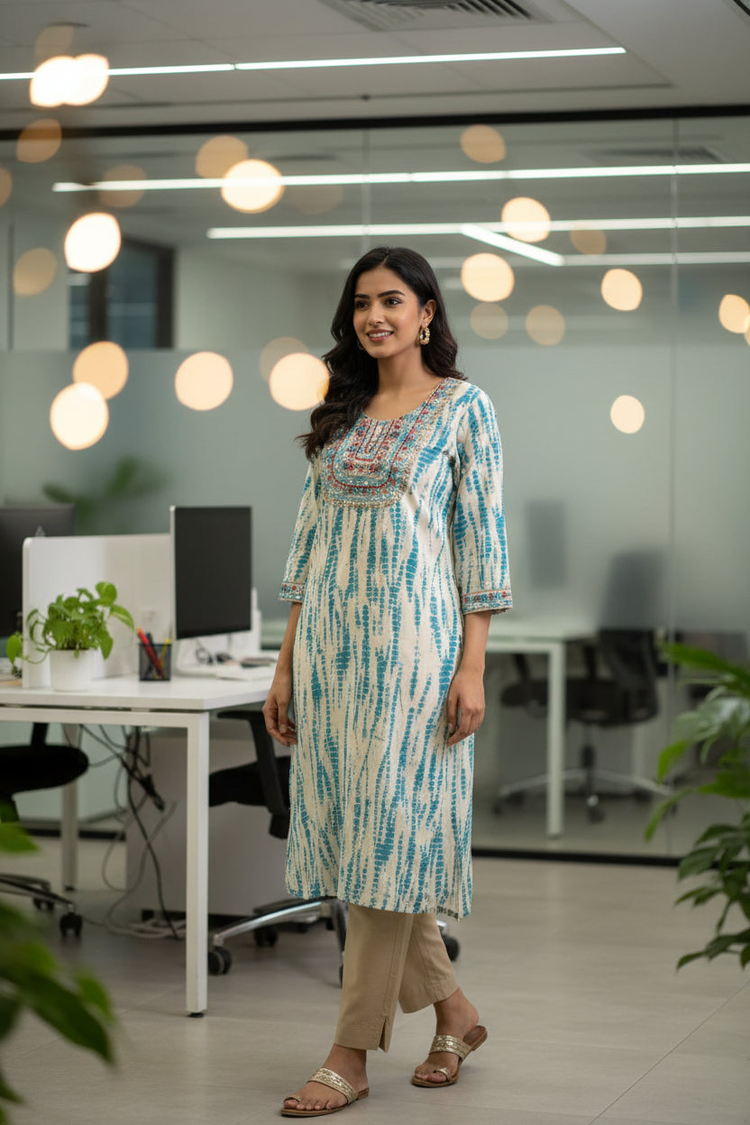 Shibori Blue and White Straight Cut Kurti with Pocket