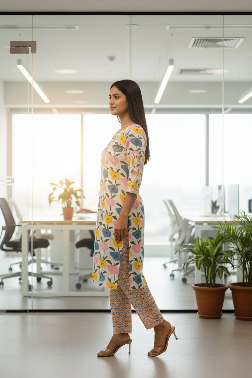 Pure Cotton Floral Office Wear Cordset