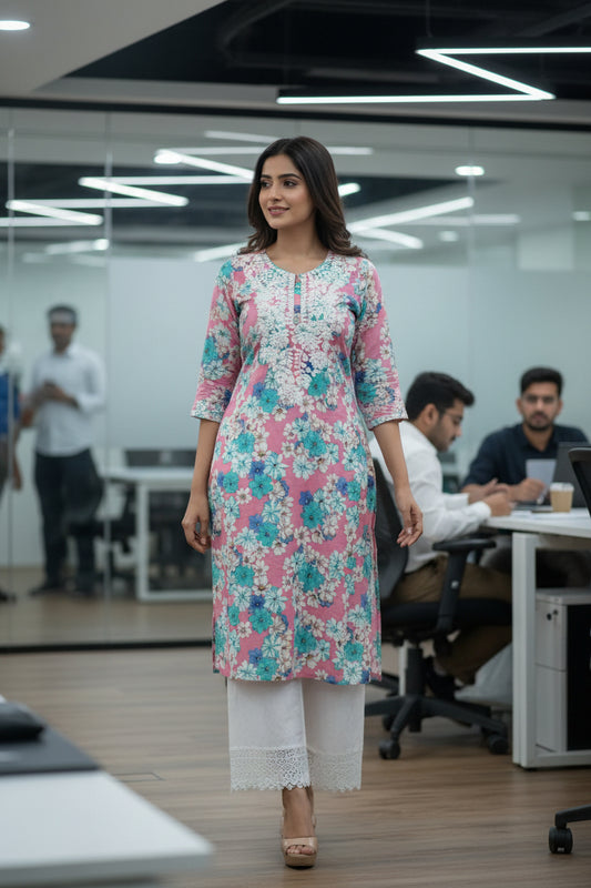 Chikankari Office-Wear Cord set - Pink