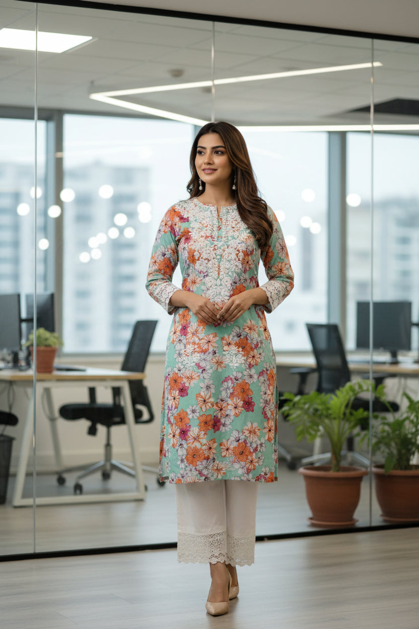 Chikankari Office-Wear Cordset Sea-Green