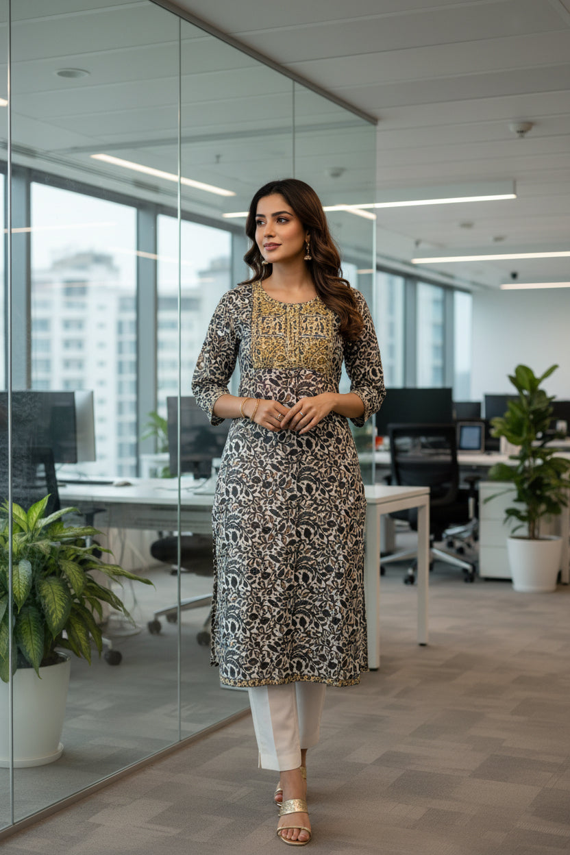 Sanganeri Grey Cotton Kurti