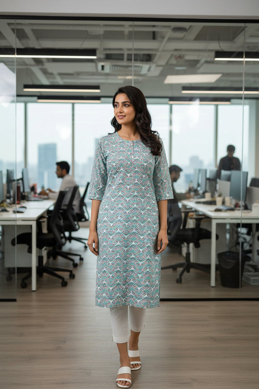 Aqua Blue Color with over all ZigZag Pattern in shades of White and Light Blue Styles with Round Neck featuring a short button placket, and complemented by three quarter sleeves