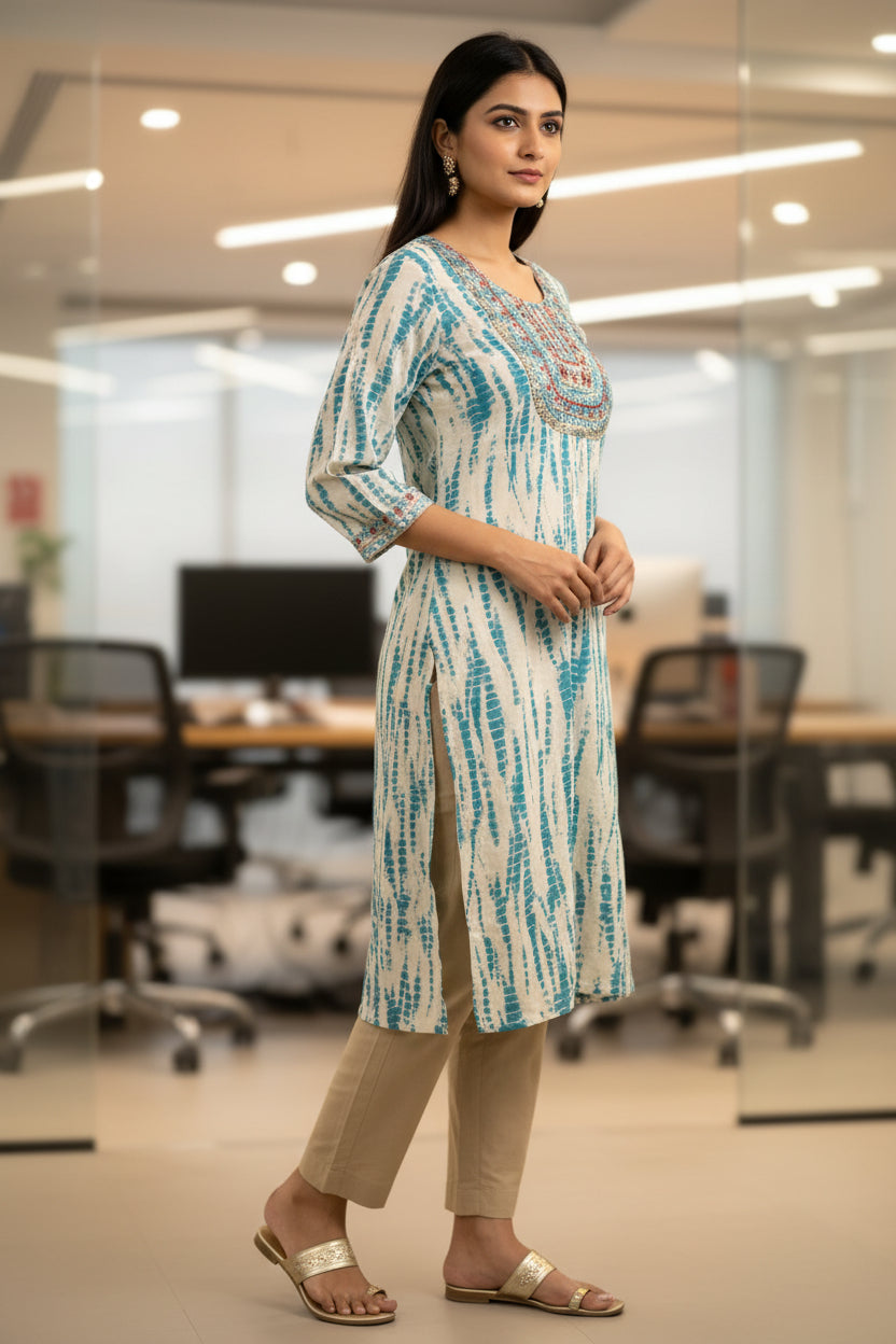 Shibori Blue and White Straight Cut Kurti with Pocket