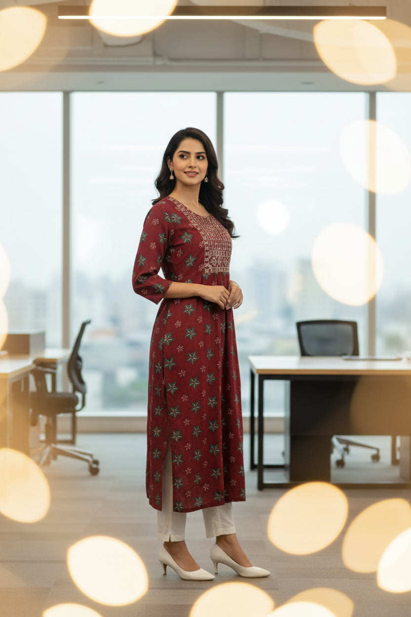 Jaipuri Hand Painted Kurti Maroon
