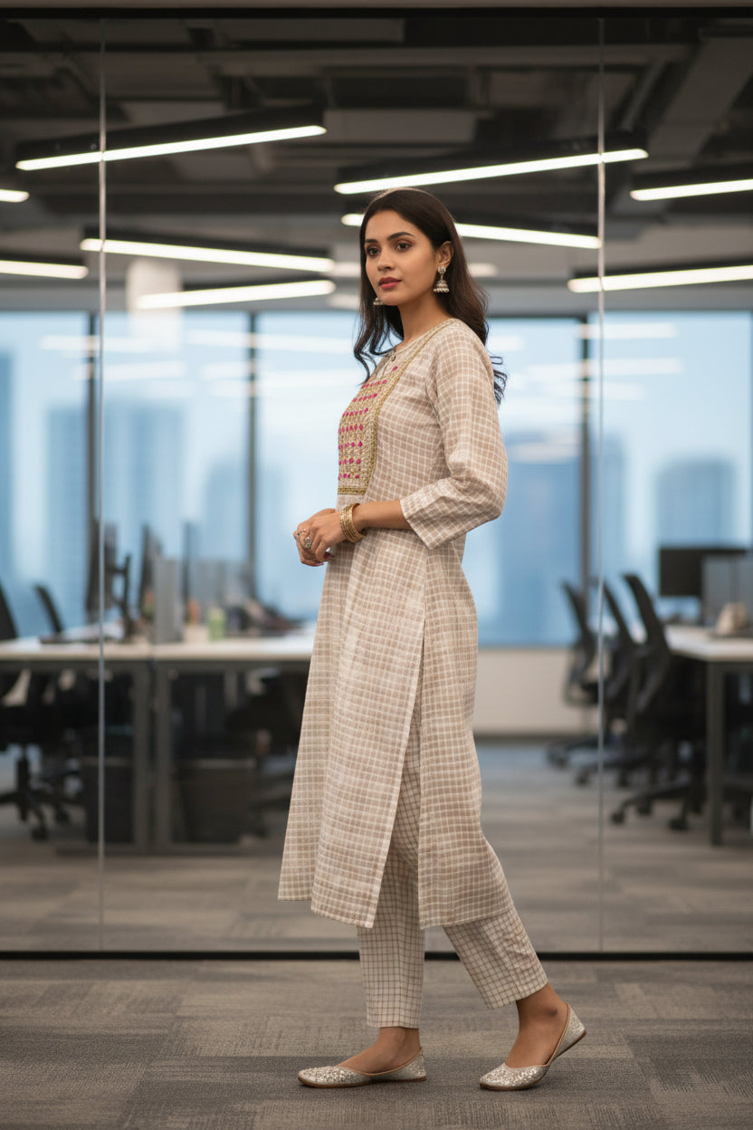 Checks white and brown Straight Kurti